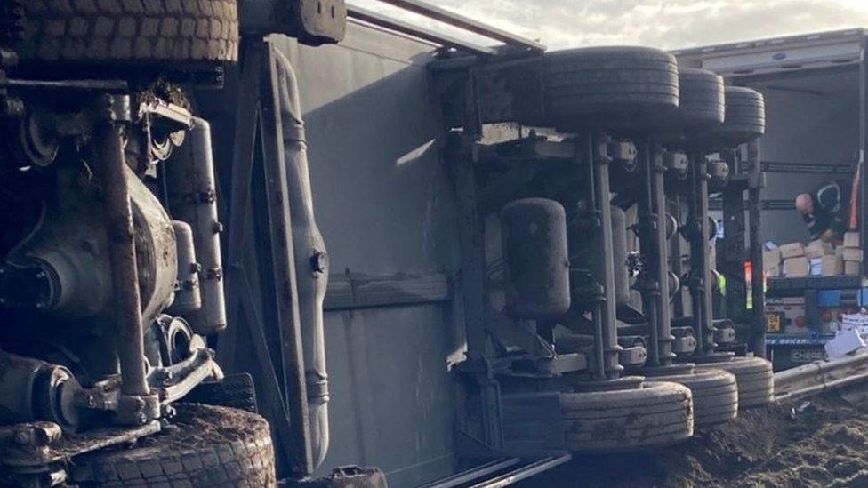 The lorry carrying pallets of dairy products