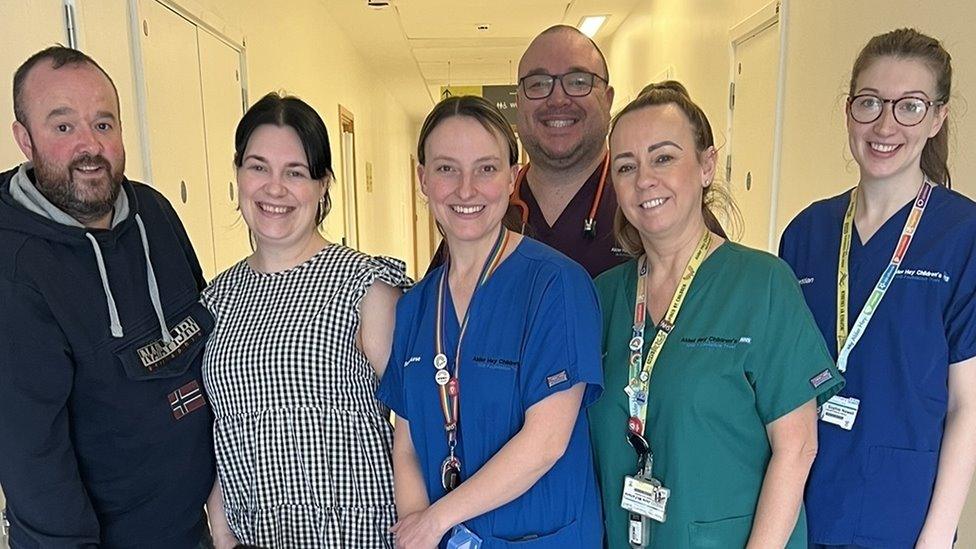 Kieran and Sarah and some of the renal team at Alder Hey Hospital