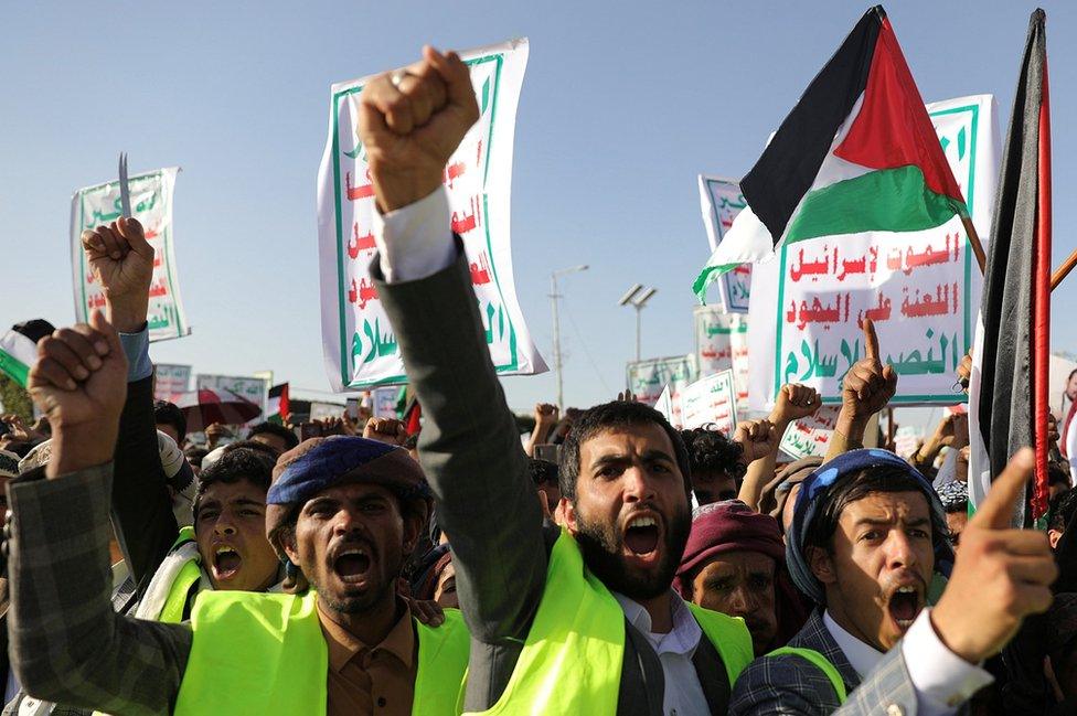 Supporters of the Houthi movement rally to denounce air strikes launched by the U.S. and Britain on Houthi targets, in Sanaa, Yemen