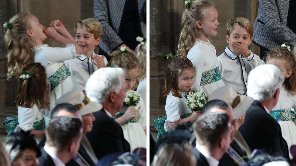 The bridesmaids and page boys, including Princess Charlotte of Cambridge (L), Savannah Phillips (2L) and Prince George of Cambridge (3L) wait to take part in the wedding of Princess Eugenie of York to Jack Brooksbank