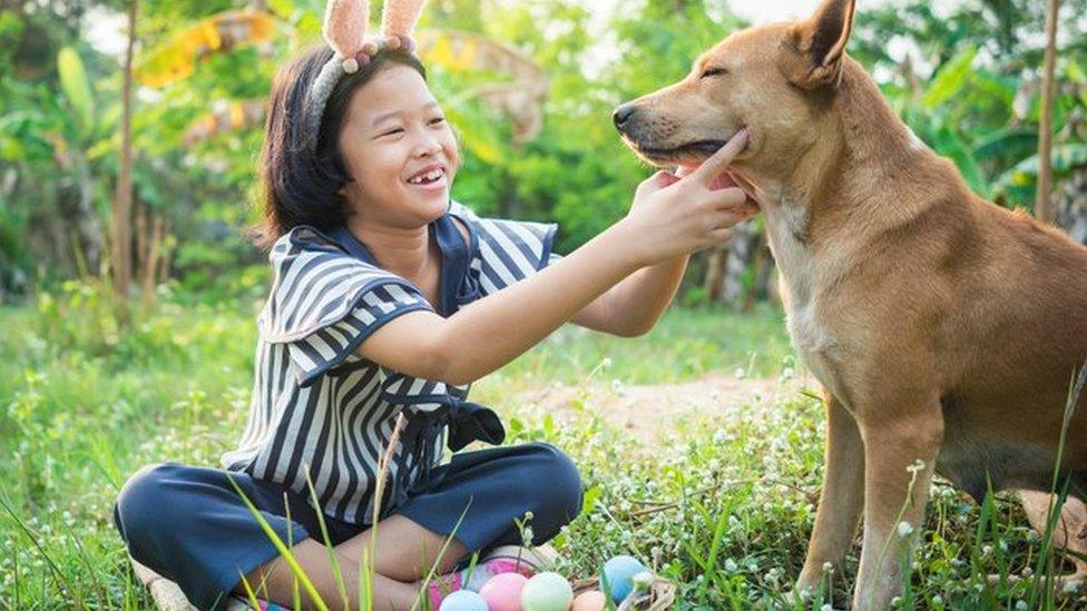 girl and dog, Easter basket