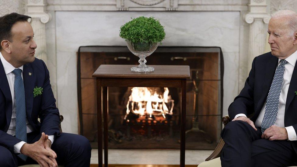 President Joe Biden and Irish Taoiseach Leo Varadkar talk to journalists before their meeting in the Oval Office of the White House in 2023