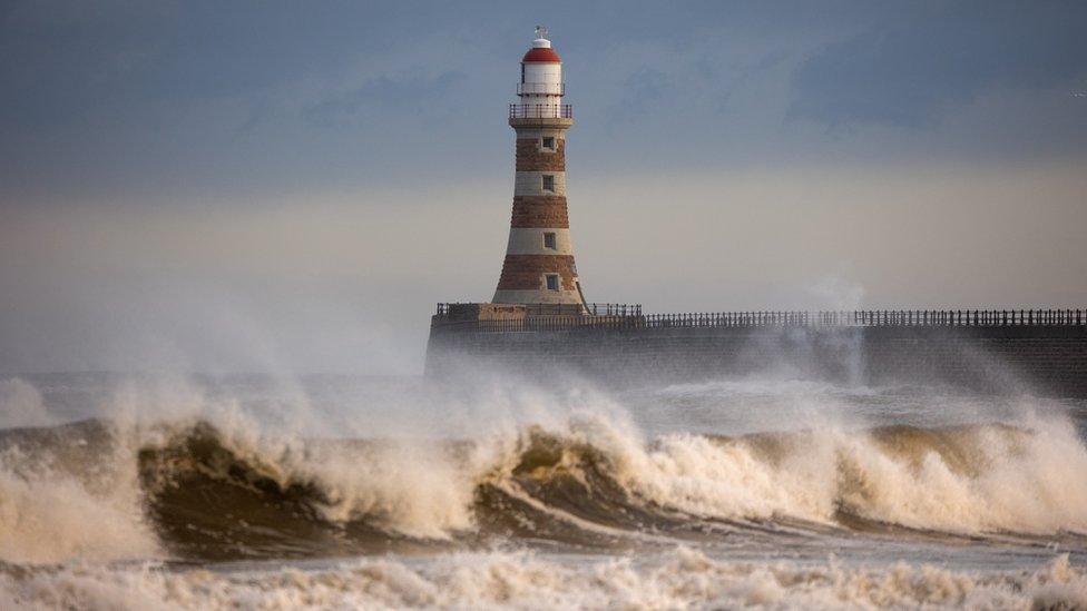 Roker Pier in Sunderland shortly before the arrival of Storm Arwen