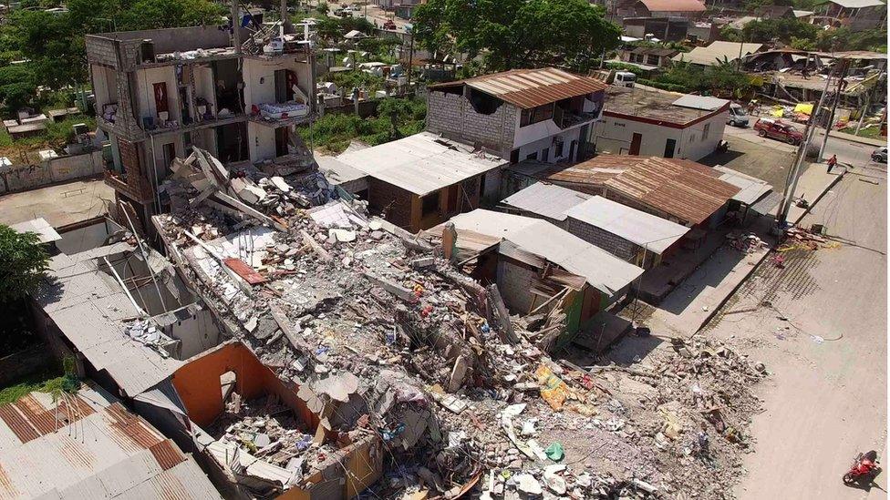 Aerial view of Pedernales, one of Ecuador"s worst-hit towns, taken on April 18, 2016
