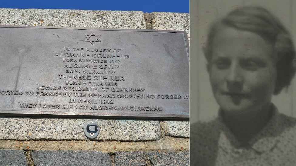 Guernsey Holocaust Memorial Plaque and Marianne Grunfeld's picture from her occupation id