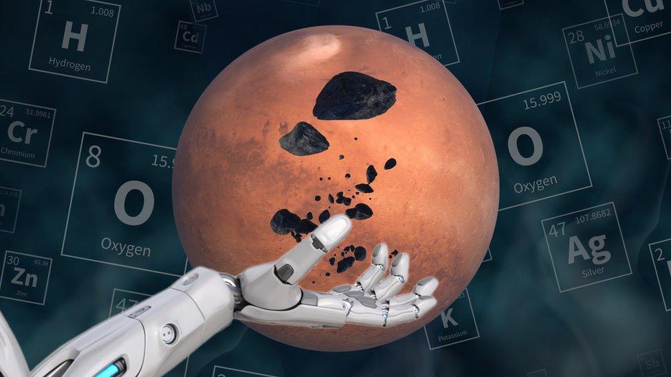 Robot arm throwing up rock in front of Mars in the background is chemical symbols.