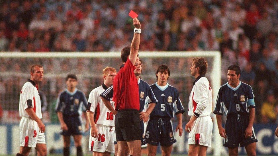 David Beckham is sent off against Argentina in 1998