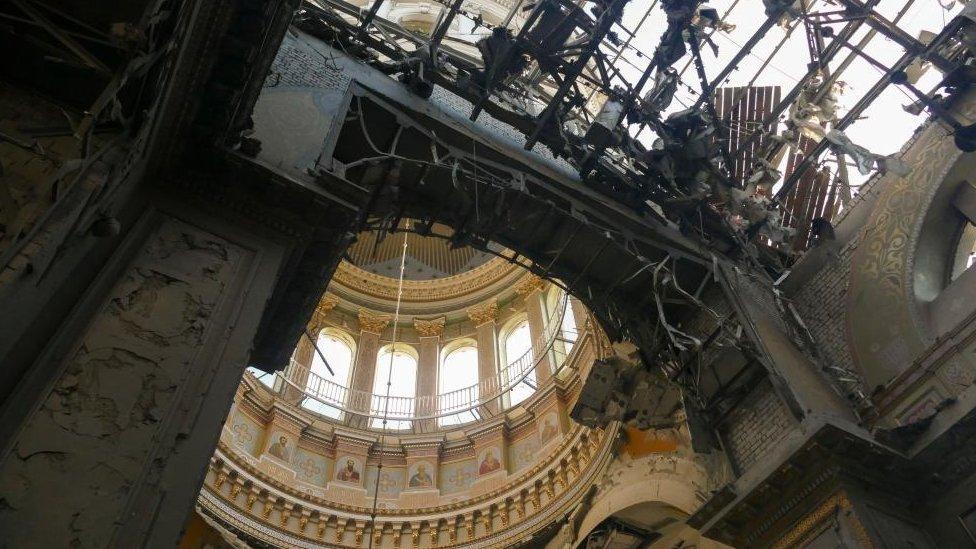 The damaged roof of the Transfiguration Cathedral