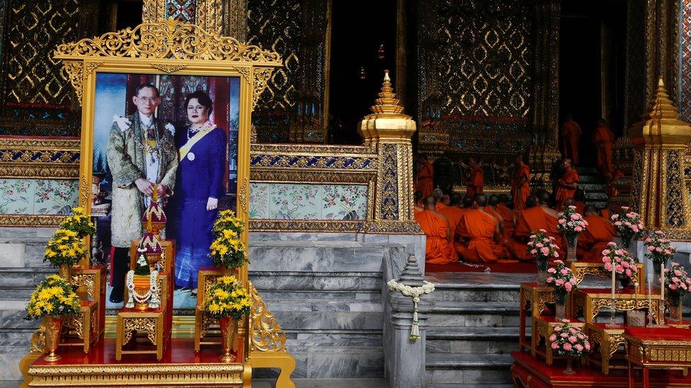 Buddhist monks attend a ceremony at the Grand Palace to commemorate Thailand's King Bhumibol Adulyadej"s 70th anniversary on the throne, in Bangkok