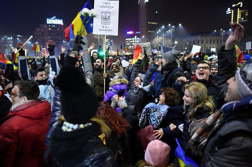 A crowd of people holding sings and flags raise their hands and cheer