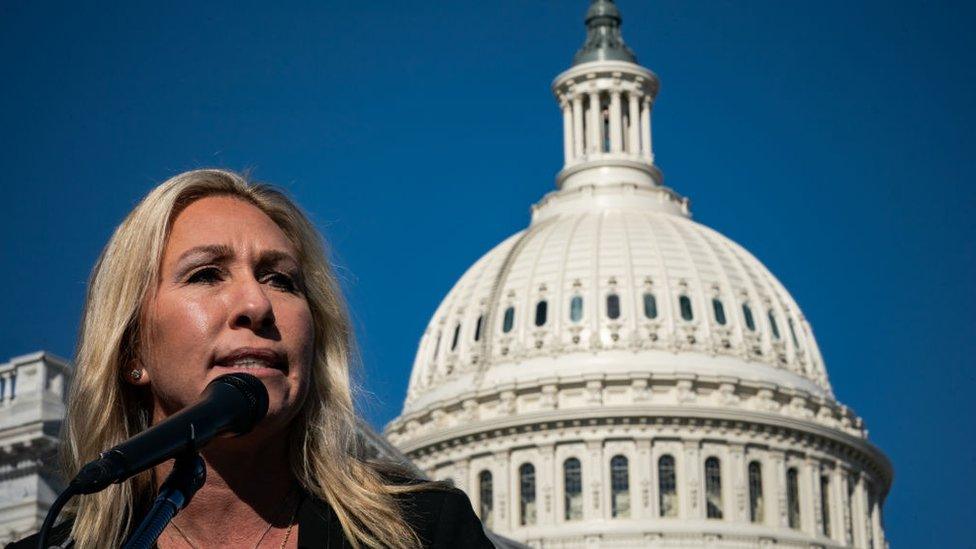 Marjorie Taylor Greene speaks during a press conference on Capitol Hill in Washington, DC