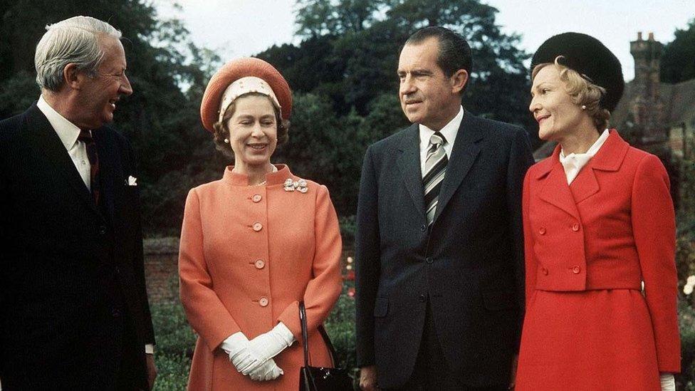 Queen Elizabeth II (2nd left) and Prime Minister Edward Heath (left) with US President Richard Nixon and his wife at Chequers