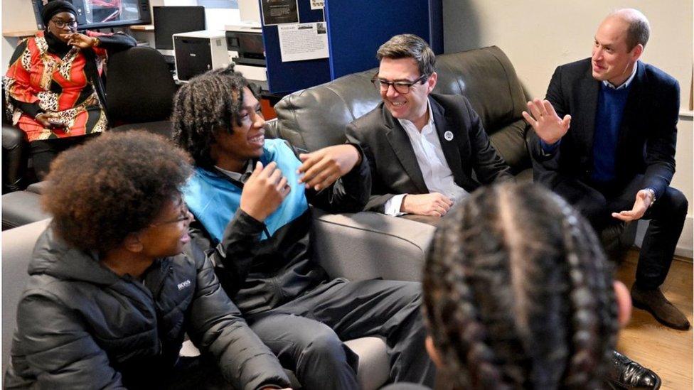 The Prince of Wales and Mayor of Greater Manchester Andy Burnham during his visit to The Hideaway Youth Project in Moss Side, Manchester