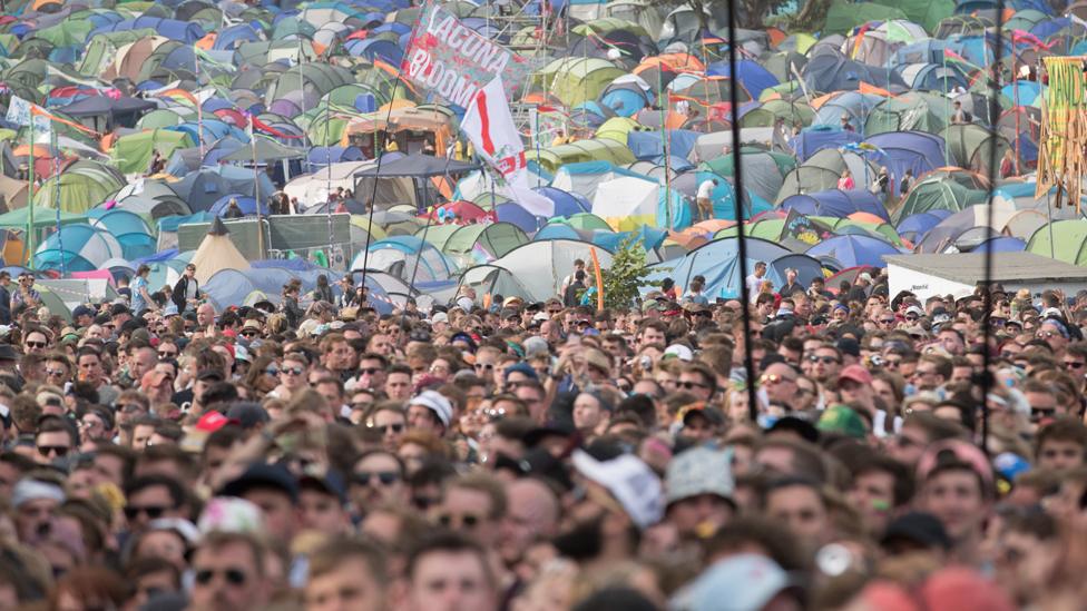 Crowds and tents at Glastonbury