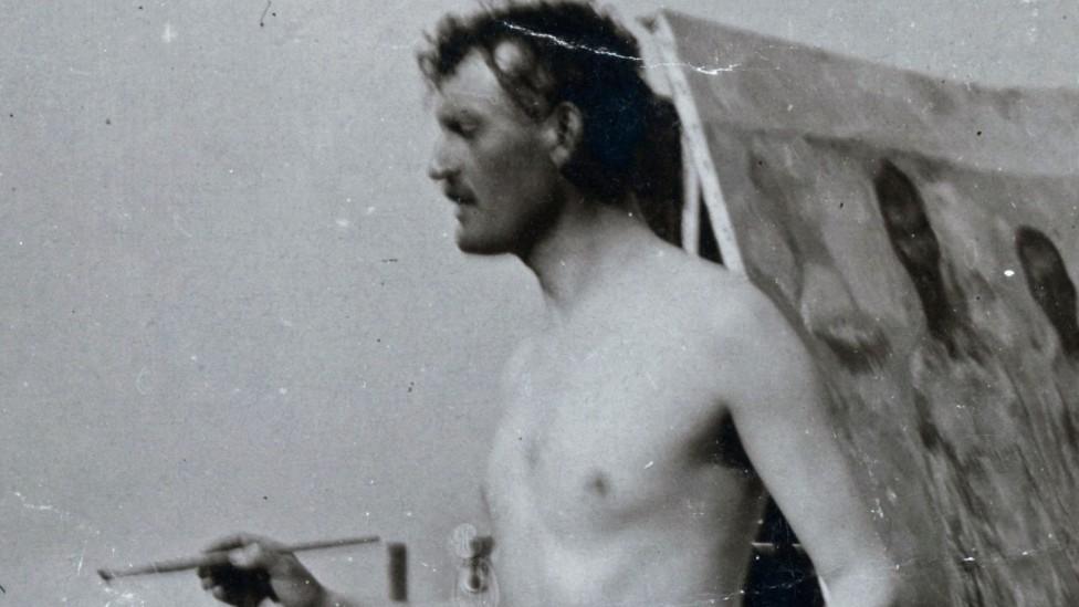 Norwegian painter Edvard Munch, painting a self-portrait on a beach in Germany in 1907