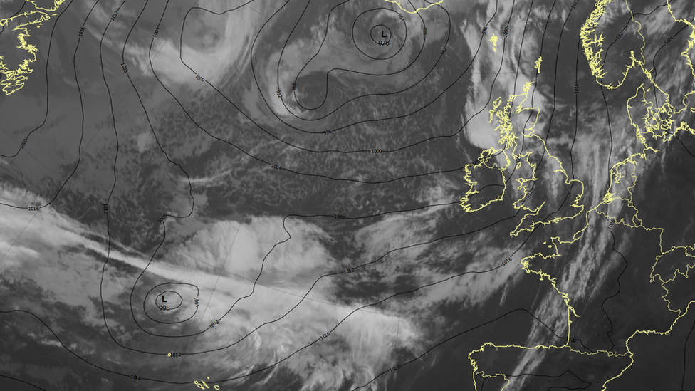 A satellite image in the Atlantic showing a storm starting