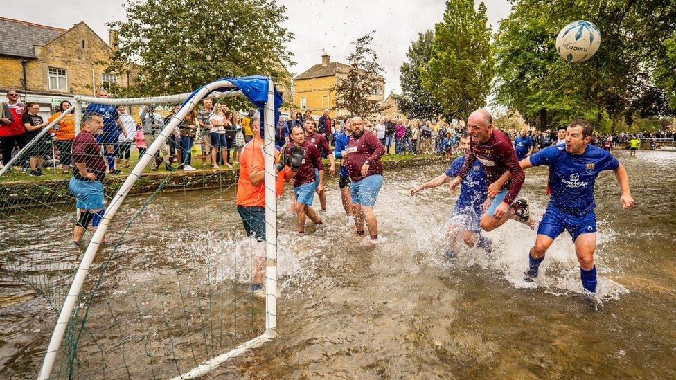 Bourton-on-the-Water football in the river