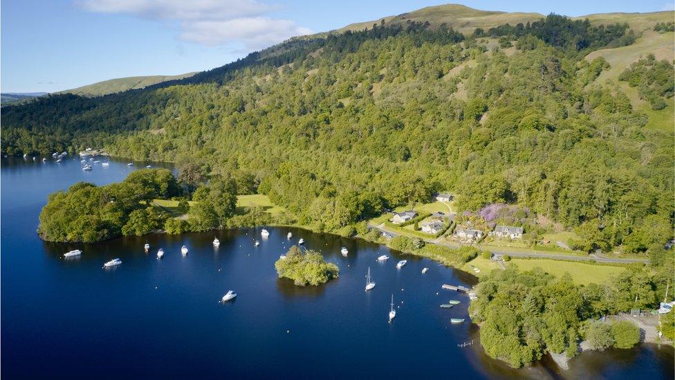 Aldochlay boat mooring on Loch Lomond aerial view