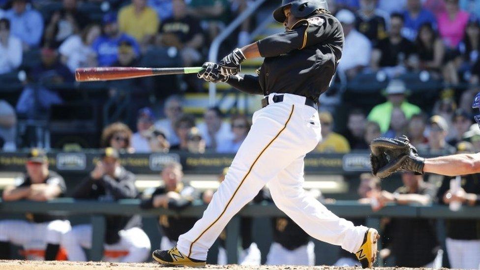 Pittsburgh Pirates second baseman Gift Ngoepe (61) hits a RBI single during the fourth inning against the Toronto Blue Jays