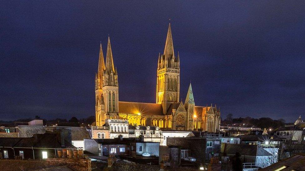 Truro Cathedral lit up at night