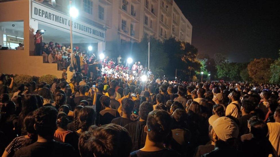 Crowd gathered outside the Department of Student Welfare