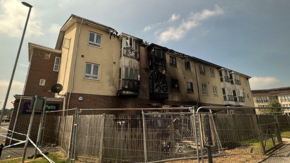 The damaged block of flats at Sandell Place, Amesbury