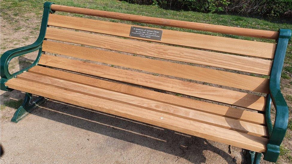 The bench in James Oliver's memory in Alexandra Park, Hastings