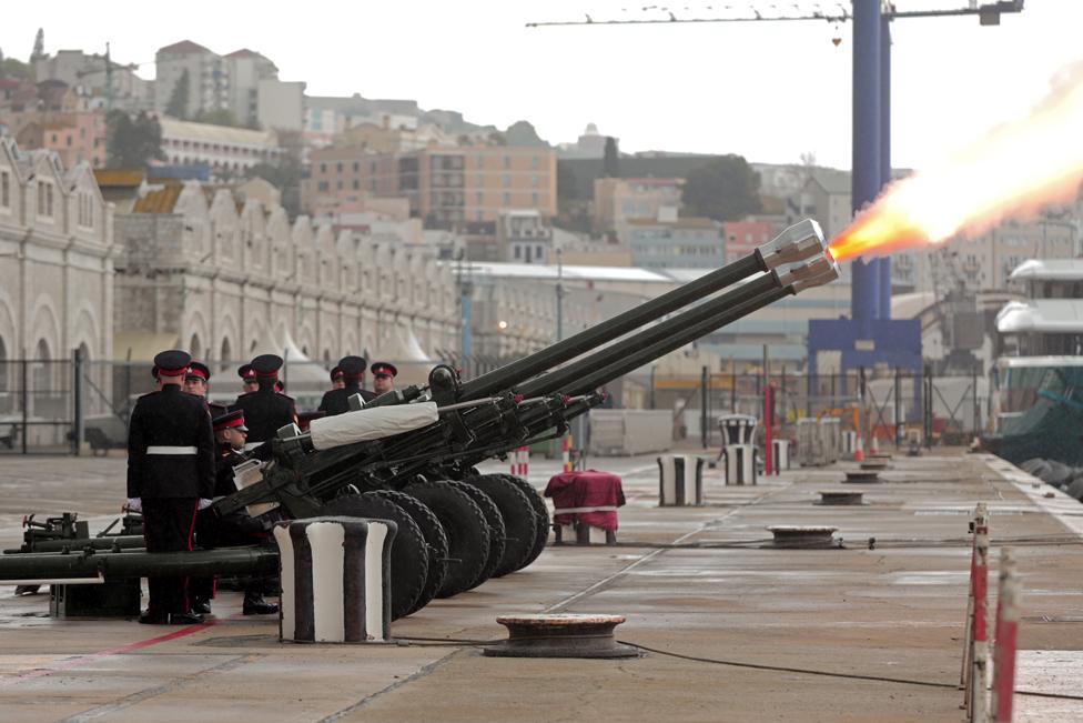 the Royal Gibraltar Regiment fire a 41-gun salute from HM Naval Base on 10 April 2021 in Gibraltar, Gibraltar.