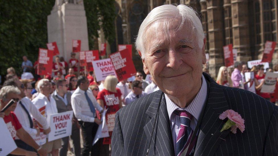 Lord Avebury at a gay rights demonstration in 2013