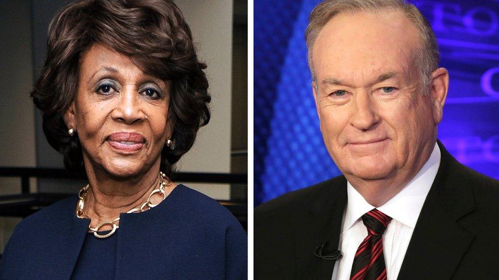 In this combination photo, Rep. Maxine Waters, D-Calif., left, appears at the Justice on Trial Film Festival on Oct. 20, 2013, in Los Angeles and Fox News personality Bill O'Reilly appears on the set of his show, "The O'Reilly Factor," on Oct 1, 2015 in New York