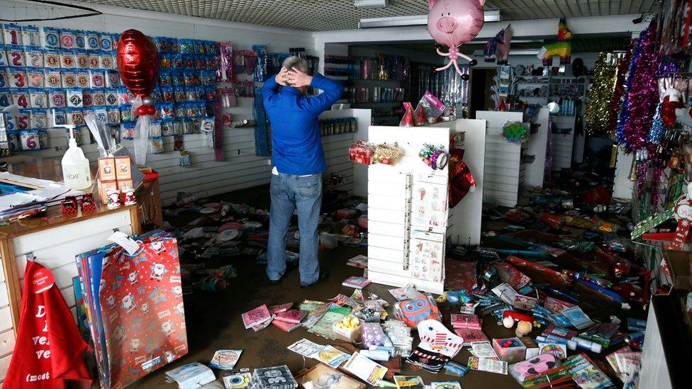 A flood-damaged shop in Tadcaster in Yorkshire