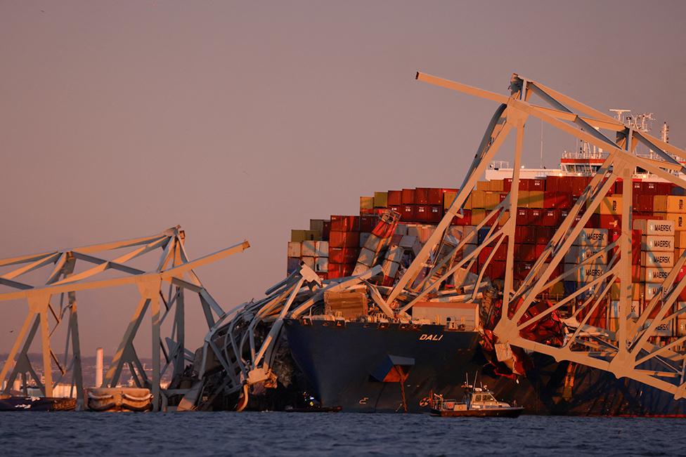 A view of the Dali cargo vessel which crashed into the Francis Scott Key Bridge causing it to collapse in Baltimore, Maryland, US, on 26 March 2024