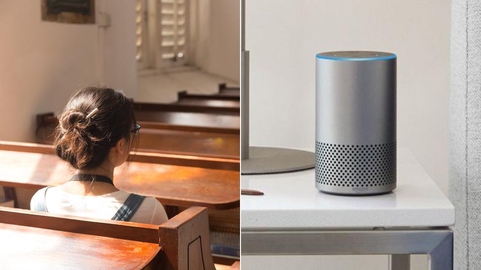 Woman sitting in church and Amazon's Alexa