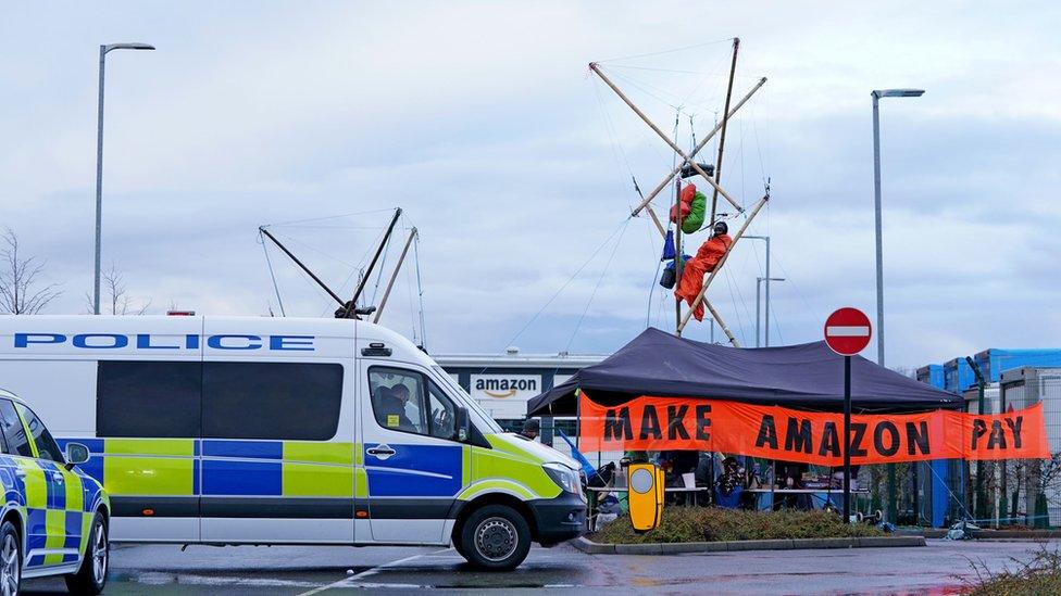 Extinction Rebellion protesters at Tilbury's Amazon distribution centre