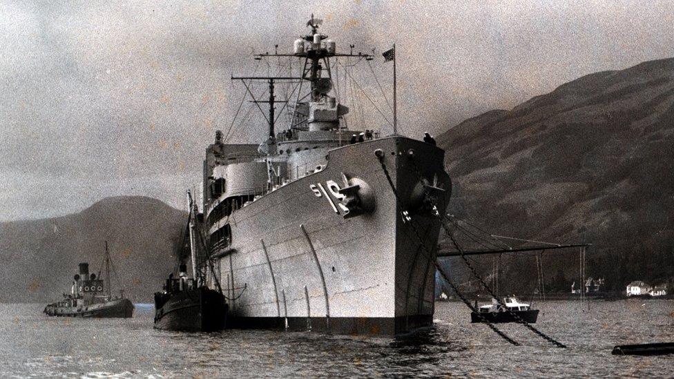 USS Proteus at anchor in the Holy Loch in 1961 - Image ID: B4FTP5