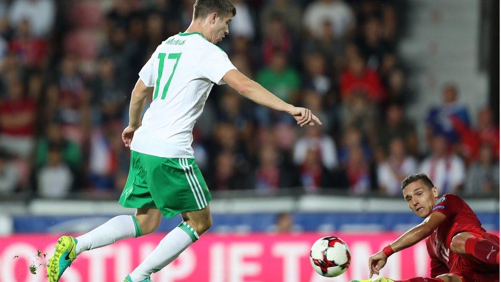 Paddy McNair sees his shot saved by Czech goalkeeper Tomas Vaclik