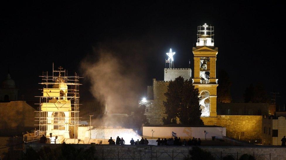 Christmas tree outside the Church of Nativity in Bethlehem, Dec 2017