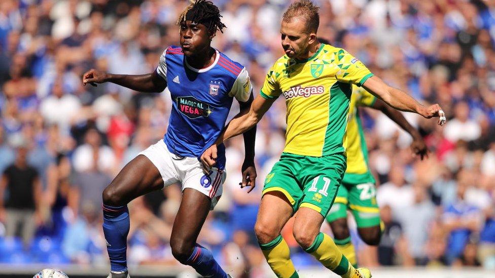 Trevoh Chalobah of Ipswich Town and Jordan Rhodes of Norwich City during the Sky Bet Championship match between Ipswich Town and Norwich City at Portman Road on September 2, 2018