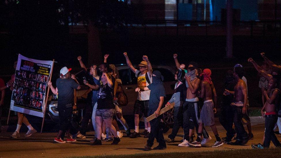 Crowds convene for a second night to protest the police shooting in Milwaukee in August 2016.