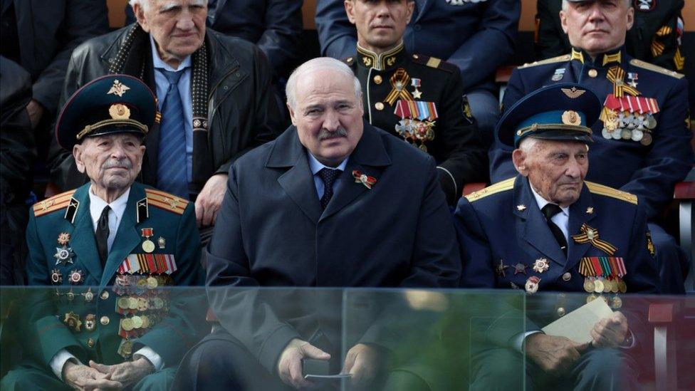 Belarus' leader Alexander Lukashenko (centre) during Victory Day parade in Moscow, Russia. Photo: 9 May 2023