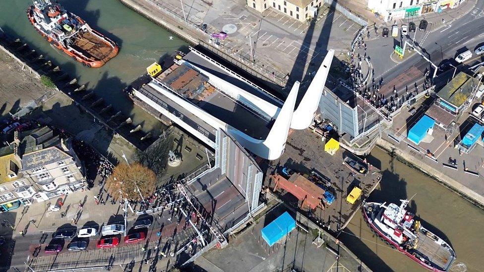 The main bascule span for the Gull Wing bridge in Lowestoft arriving by boat.