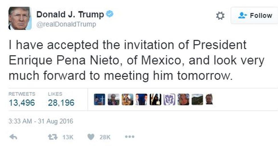 Tweet by Donald Trump confirming his visit to Mexico.