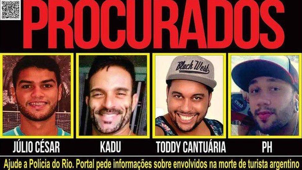 Wanted poster issued by Rio police showing Valterson Ferreria Cantuaria (third from left) and three other suspects