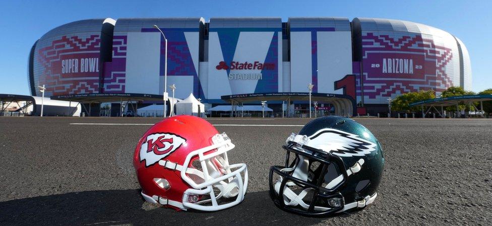 The helmets of the Kansas City Chiefs and the Philadelphia Eagles prior to Super Bowl 57 at State Farm Stadium