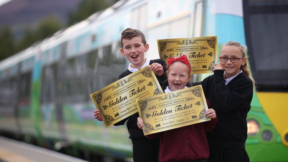 Primary 7 pupils from Langlee Primary School, who all took part in the Golden Ticket competition, pose at Tweedbank Railway Station