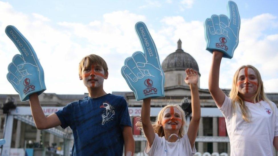 England fans at the screening of the UEFA Women"s EURO 2022 match between England and Sweden in Trafalgar Square, London.