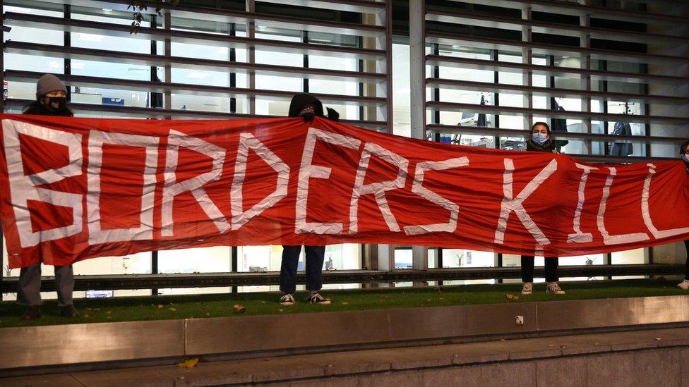 Protesters outside the UK's Home Office