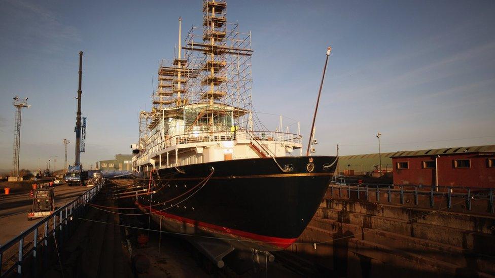 Workmen carry out painting and repairs on the Royal Yacht Britannia in a dry dock at Forth Ports on January 13, 2012 in Edinburgh, Scotland