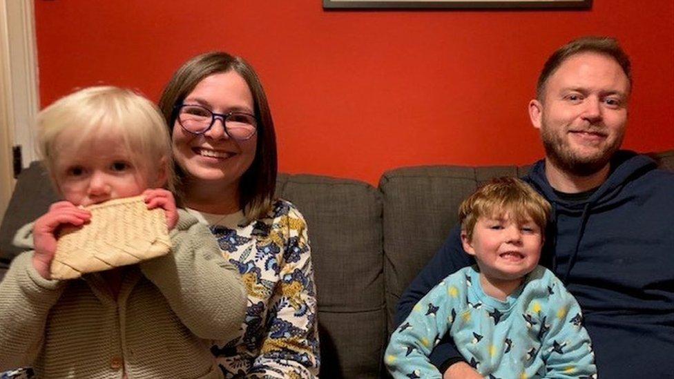 Kate Wright, 37, and her partner John Telford, 39, live in Llanfyllin, with their two children on the sofa