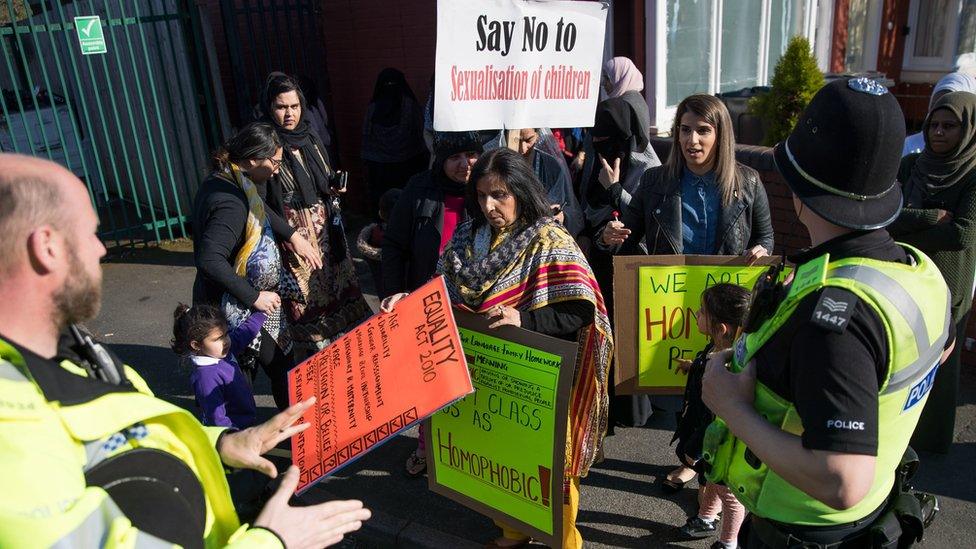 Police presence as parents, children and protestors demonstrate against the lessons about gay relationships, which teaches children about LGBT rights at the Anderton Park Primary School Birmingham